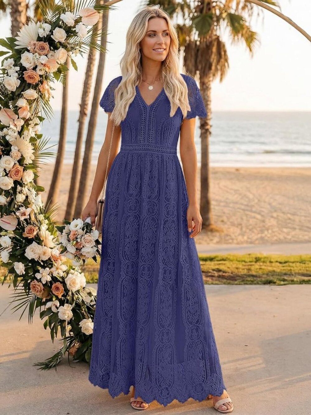 Floral Lace V Neck Short Sleeve A-Line Maxi Dress | Boho Wedding & Bridesmaid - Picture 3 of 8